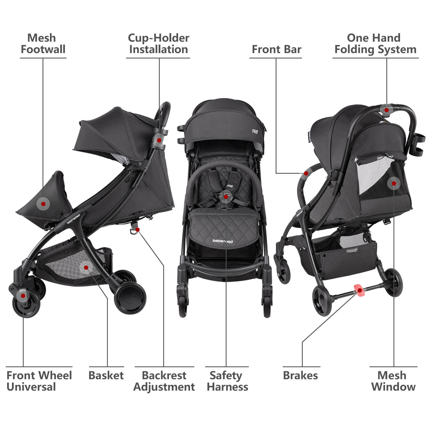 Beberoad R2 Compact Baby Stroller - Ultra Lightweight One-Hand