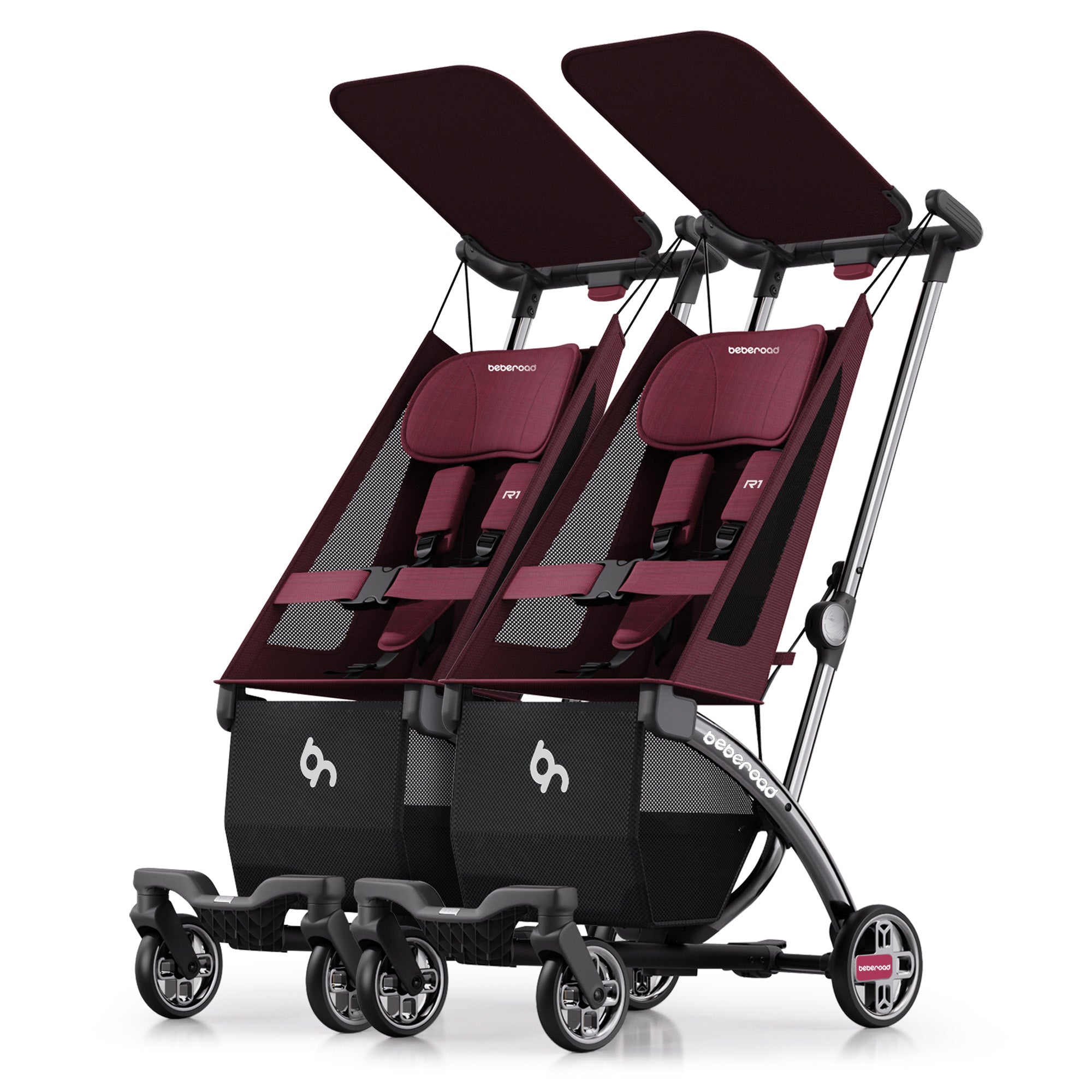"Beberoad R1 Red Stroller - Detailed View of Aluminum Frame and Features"