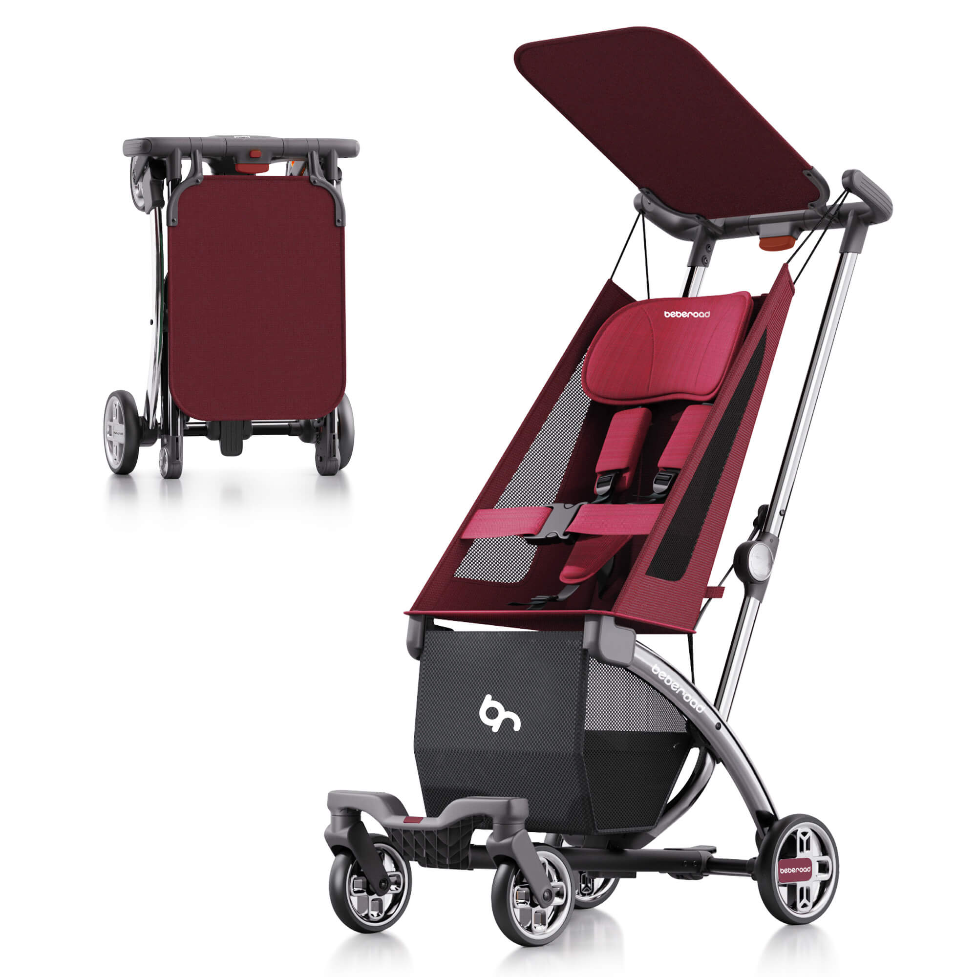 "Beberoad R1 Red Stroller - Detailed View of Aluminum Frame and Features"