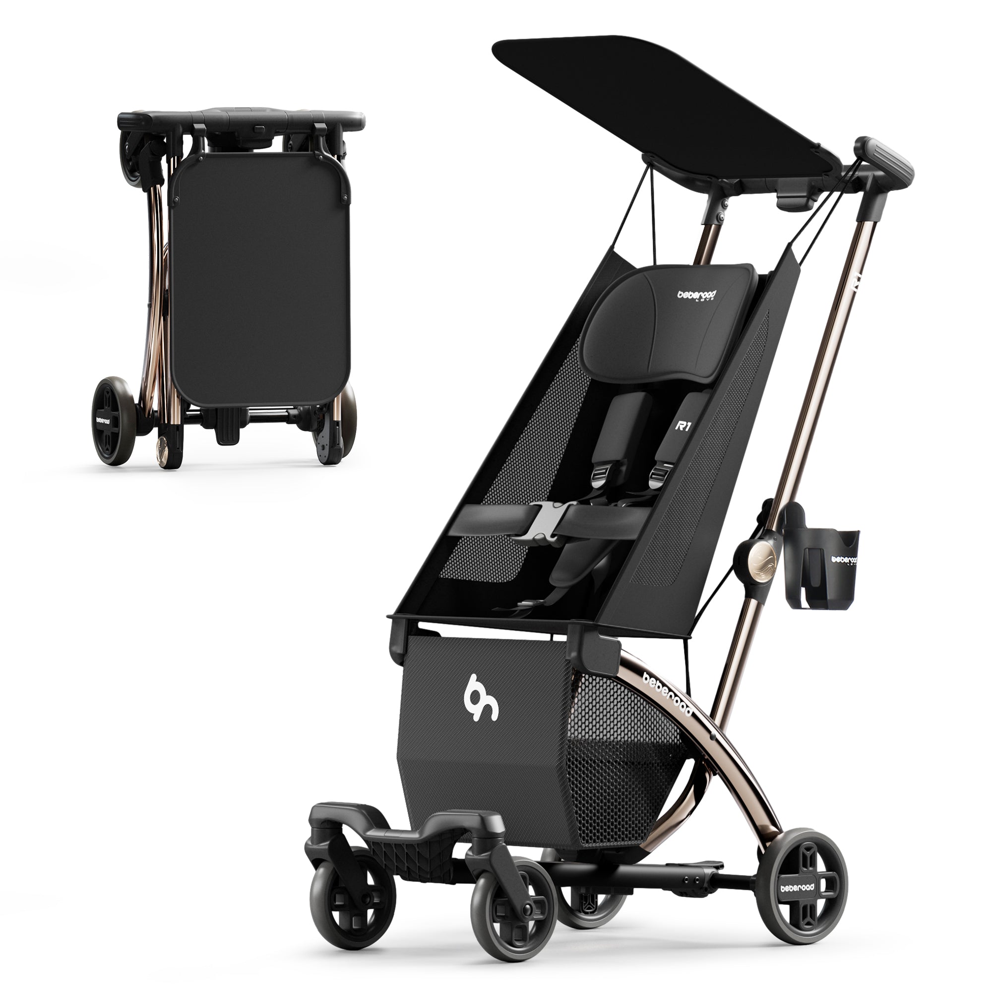 beberoad R1 baby stroller black sun canopy