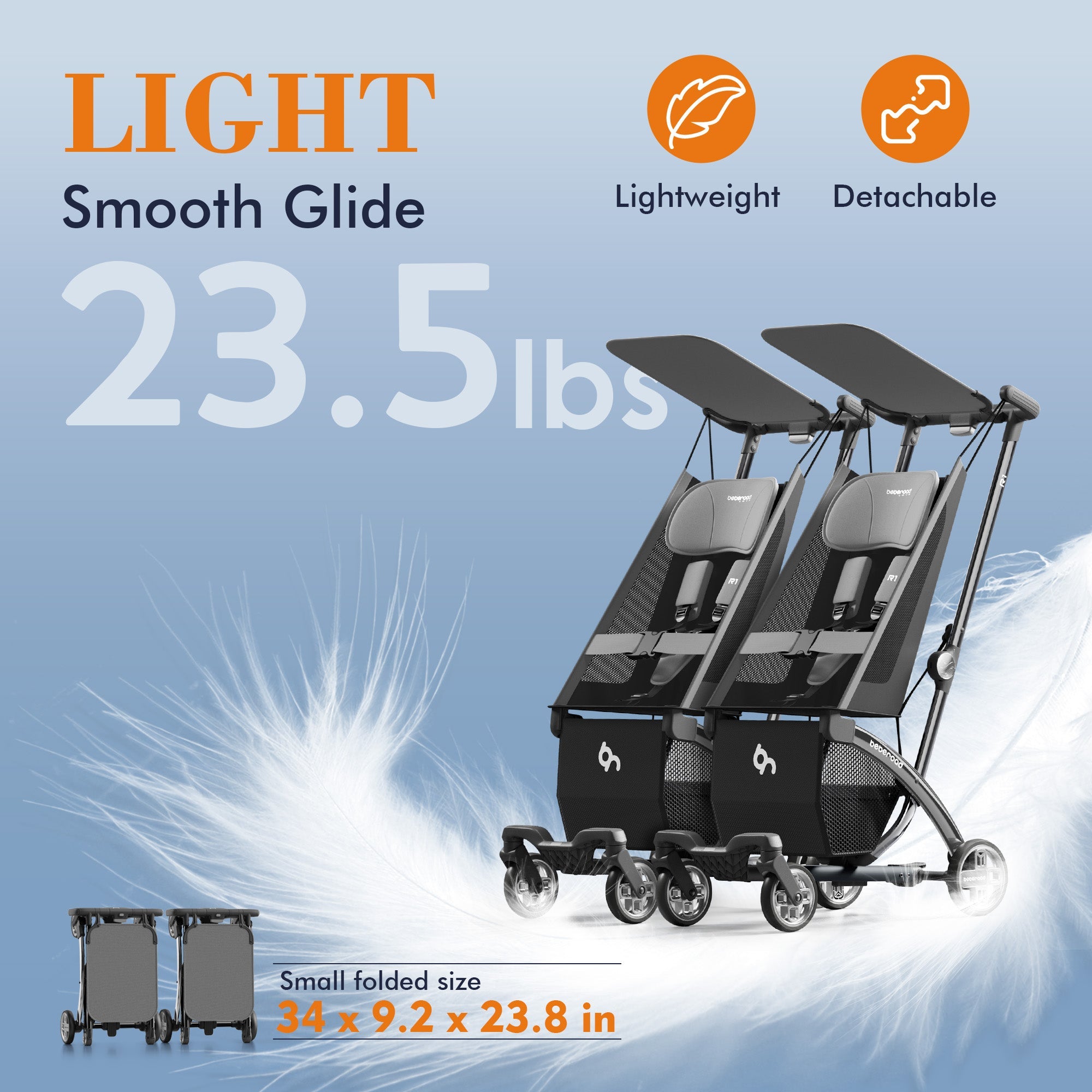 Beberoad R1 Auto-Folding Baby Stroller | Ultra Lightweight 11.5lbs